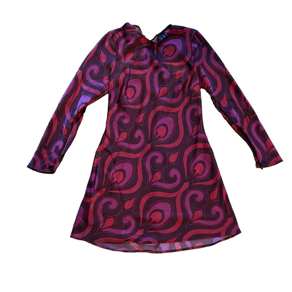 MANGO MNG Mod Abstract Swirl Long Sleeve Burgundy Tie Back Mini Dress Size 4 New